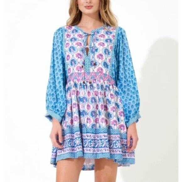 OLIPHANT Tie Front Balloon Sleeve Short Blue Cotton Block Print Dress Tuckernuck - Picture 2 of 16